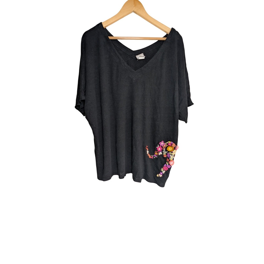 Chicos Black 100% Linen V-Neck Top Embroidered Floral Elephant Womens Size 4 XXL